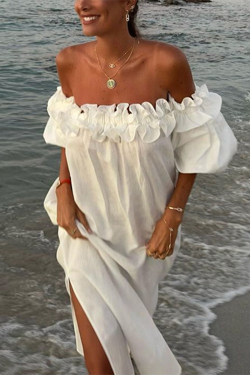 Off Shoulder Ruffle Trim Slit Cotton Linen Maxi Vacation Dress White