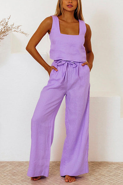 Square Collar Crop Tank Top Tie Waist Wide Leg Pants Cotton Linen Set Purple