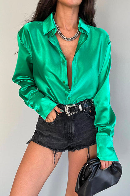 Chic Long Sleeves Button Down Satin Bouse Shirt Green