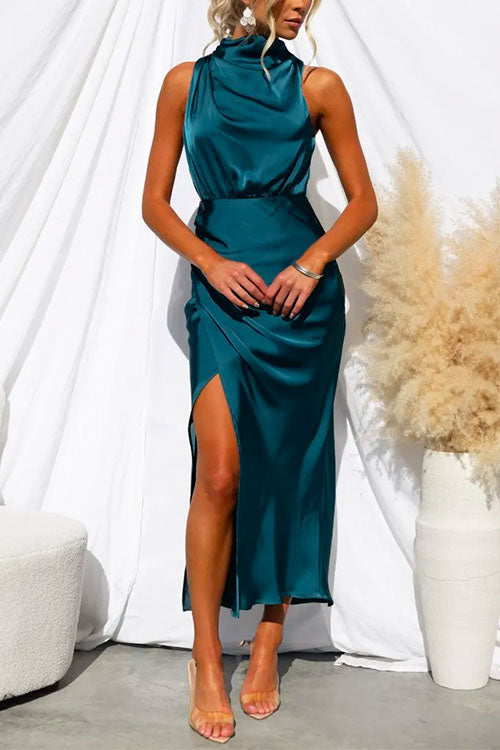 Turtleneck Sleeveless Waisted Slit Midi Satin Dress Blue