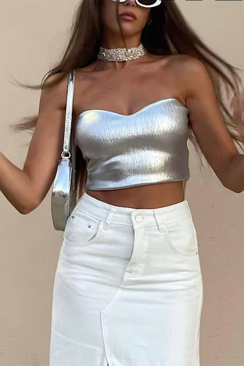 Strapless Metallic Crop Tube Top