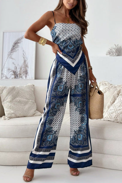 Tie Knot Backless Cami Top Wide Leg Pants Printed Set