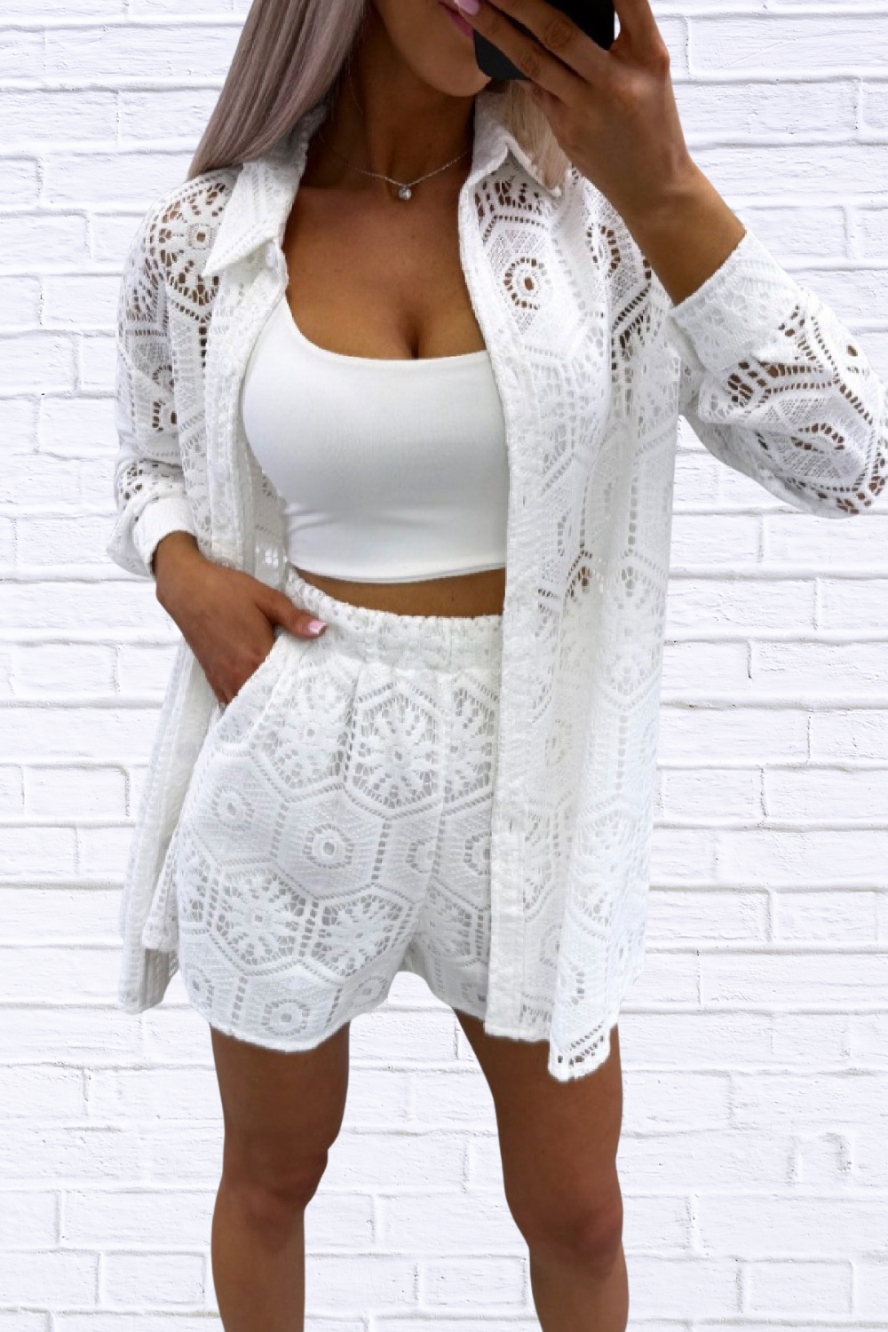 Lace Button Up Shirt and Shorts Set
