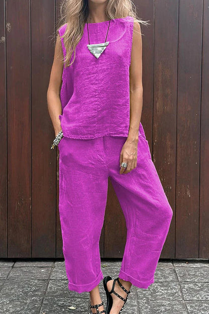 Casual Sleeveless Pullover Top Wide Leg Pants Cotton Linen Set Purple