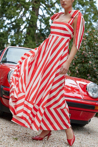 Pocketed Bow Shoulder Striped Swing Maxi Cami Dress Red