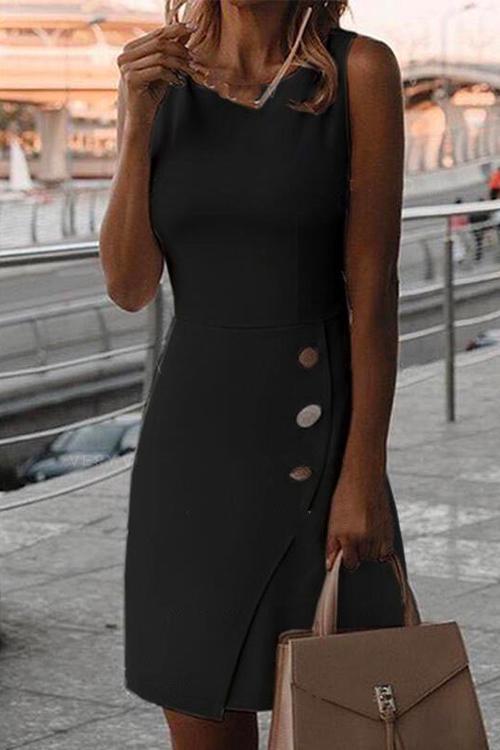 Crewneck Buttons Sleeveless Office Dress Black
