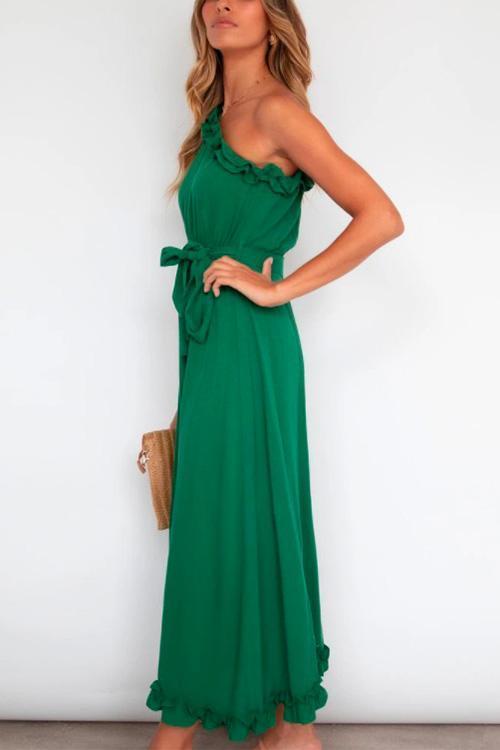 One Shoulder Sleeveless Tie Waist Ruffle Swing Dress