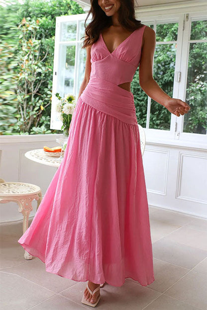 V Neck Sleeveless Cut Out Swing Maxi Dress