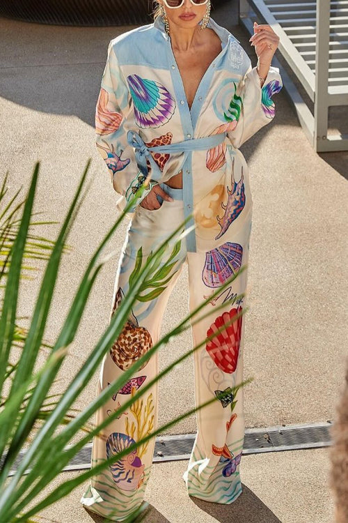 Tropic Print Long Sleeves Blouse Shirt Wide Leg Pants Set White
