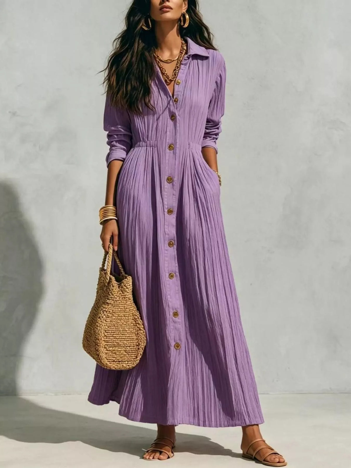 Button-Down Textured Maxi Shirt Dress