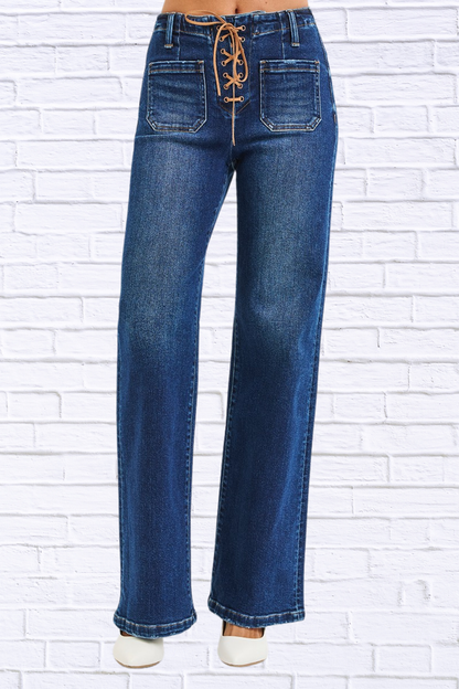 RISEN Full Size High Rise Wide Leg Jeans with Front Tie Detail Plus Size