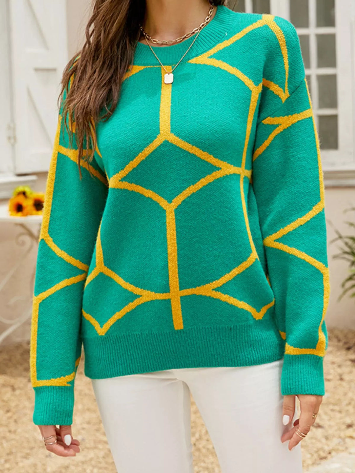 Geometric Pattern Crew Neck Sweater