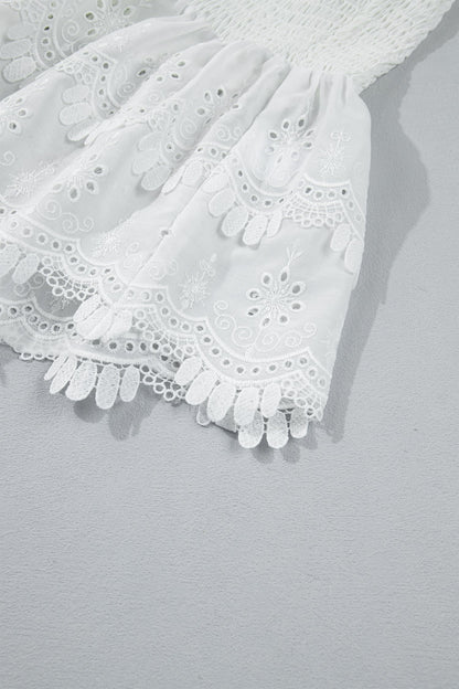 White Sleeveless Smocked Lace Peplum Top