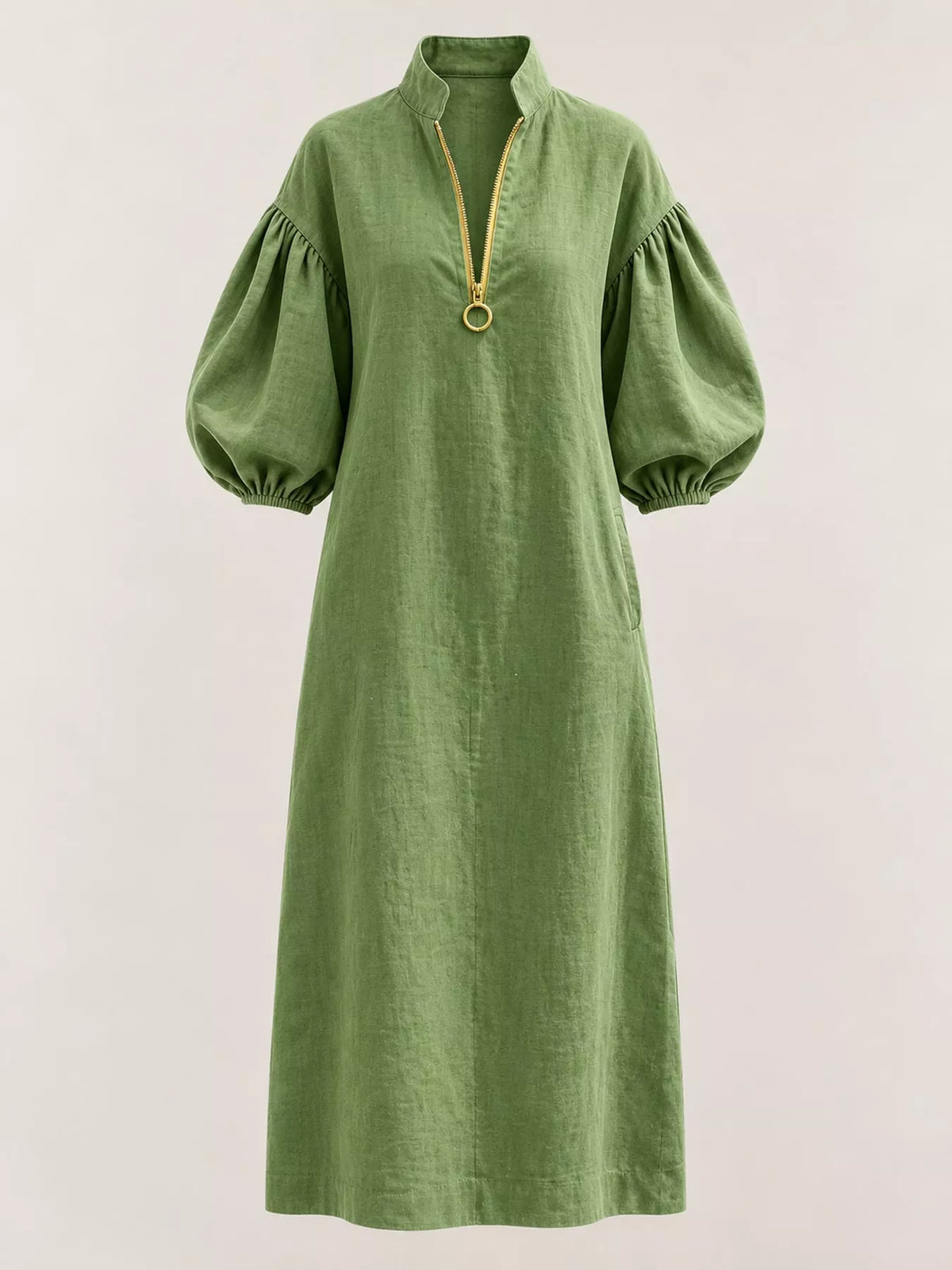 Half-Zip Puff Sleeve Midi Dress