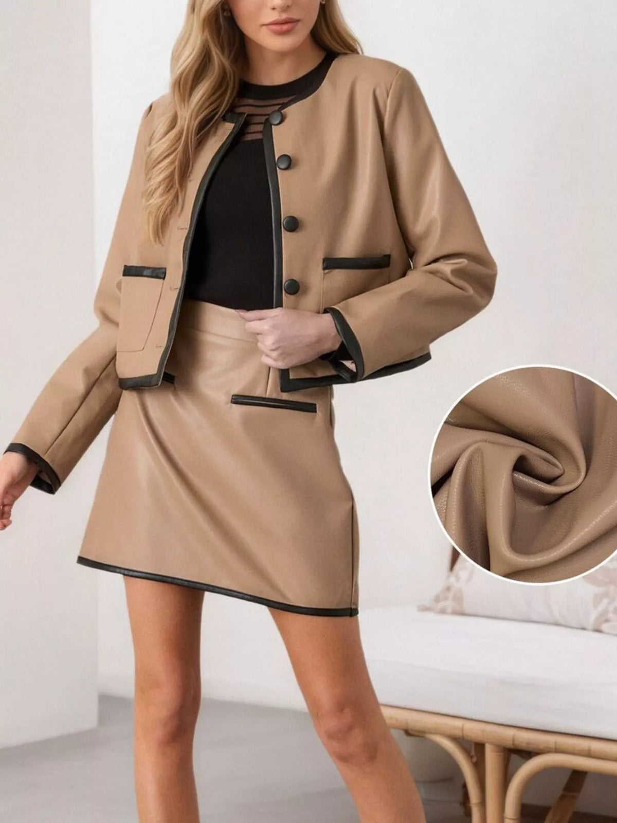 Contrast Trim Jacket and Mini Skirt Set