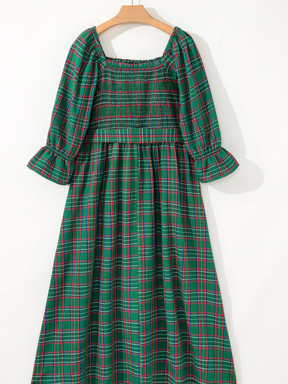 Plaid Square Neck Puff Sleeve Knot Waist Flared Midi Dress