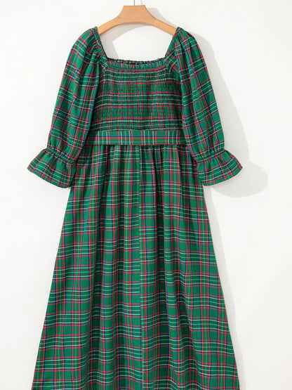 Plaid Square Neck Puff Sleeve Knot Waist Flared Midi Dress