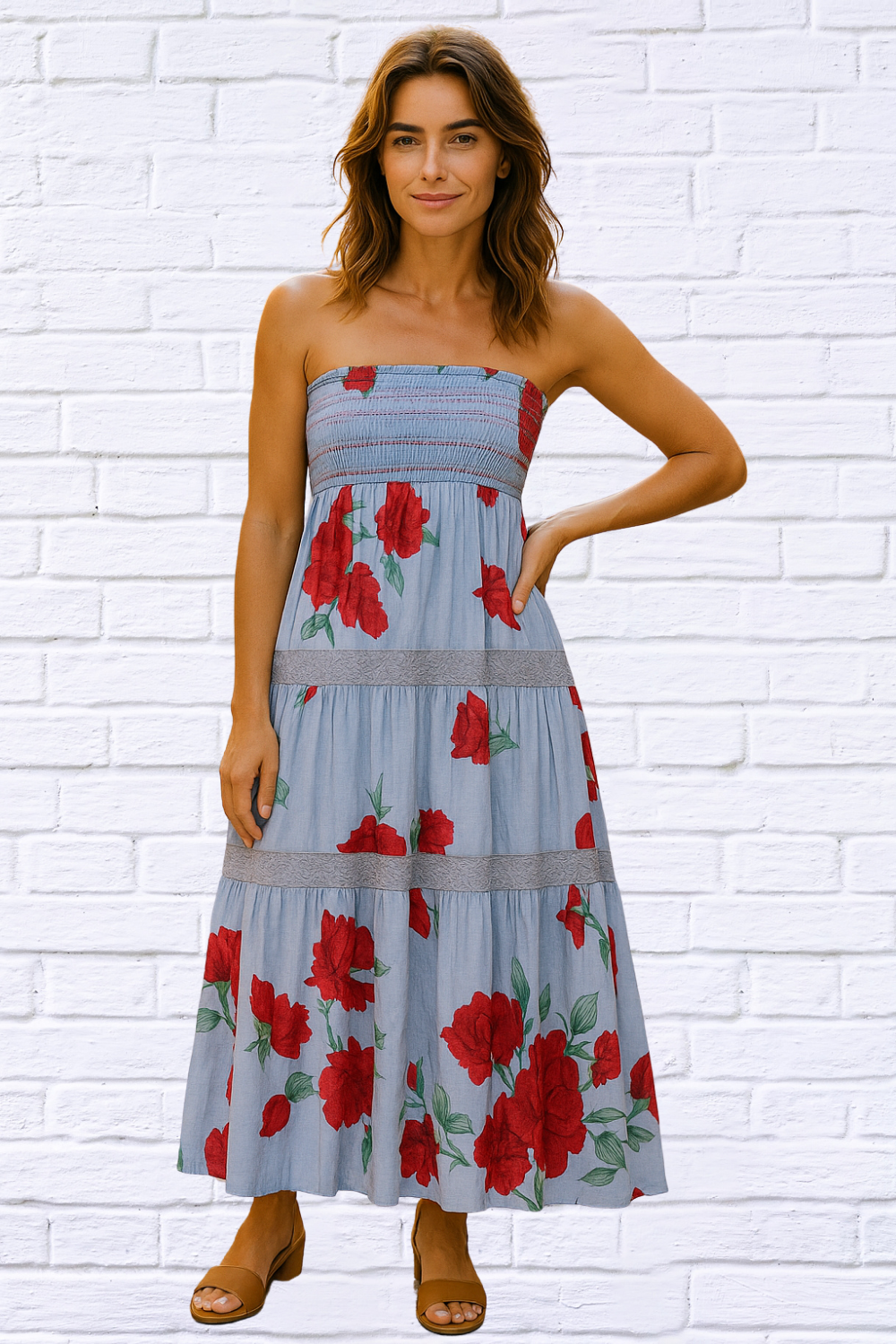 JADE DRESS - Periwinkle and Red Big Flower Print