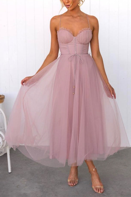 Backless Tie Waist Mesh Swing Maxi Cami Dress