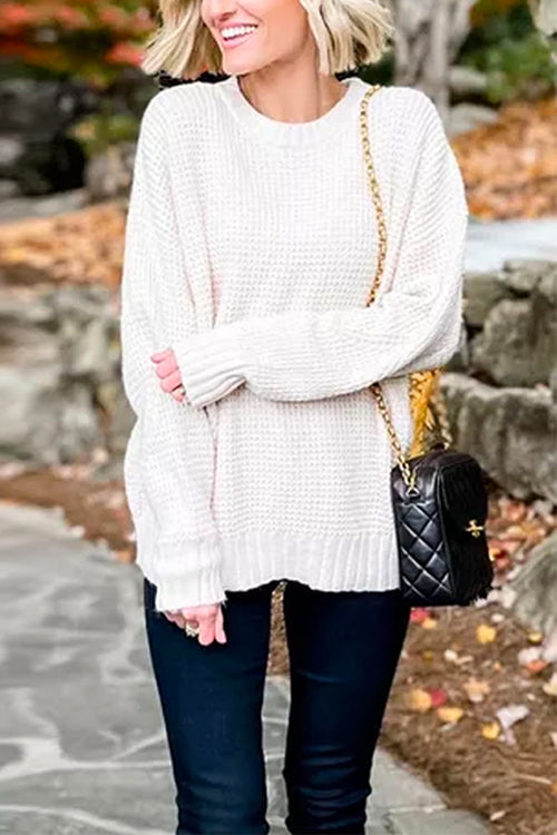 Round Neck Solid Slouchy Waffle Knit Sweater White S M