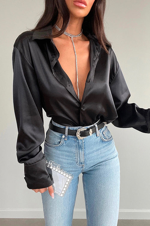 Chic Long Sleeves Button Down Satin Bouse Shirt Black