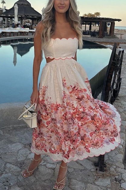 Back Lace-up Cut Out Floral Print A-line Maxi Cami Dress Pink