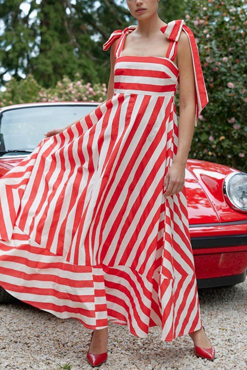 Pocketed Bow Shoulder Striped Swing Maxi Cami Dress