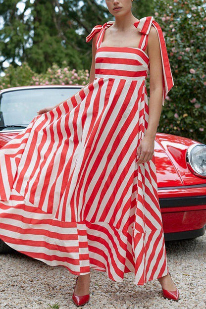 Pocketed Bow Shoulder Striped Swing Maxi Cami Dress