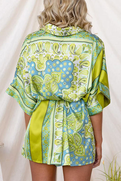 Button Up Tie Waist Paisley Print Romper