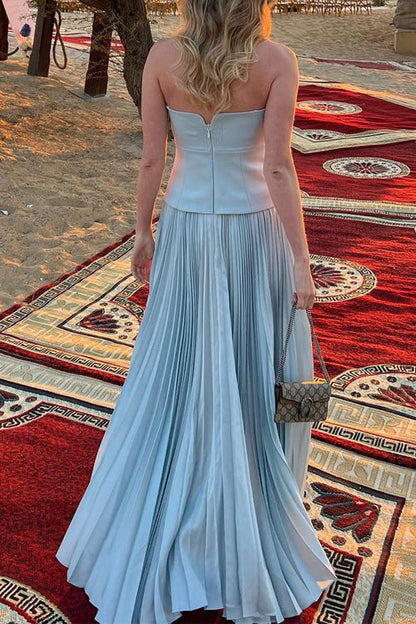 Strapless Tube Cut Out Pleated Maxi Swing Dress
