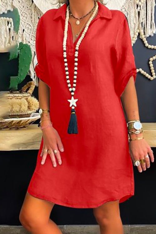 Lapel V Neck Roll Up Sleeve Shirt Dress Red