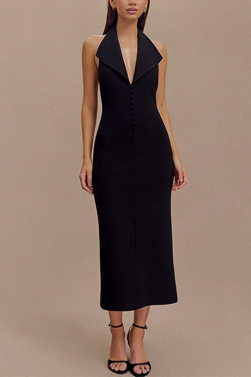 Halter V Neck Backless Buttons Bodycon Midi Dress