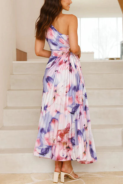 One Shoulder Sleeveless Cut Out Floral Print Pleated Maxi Dress