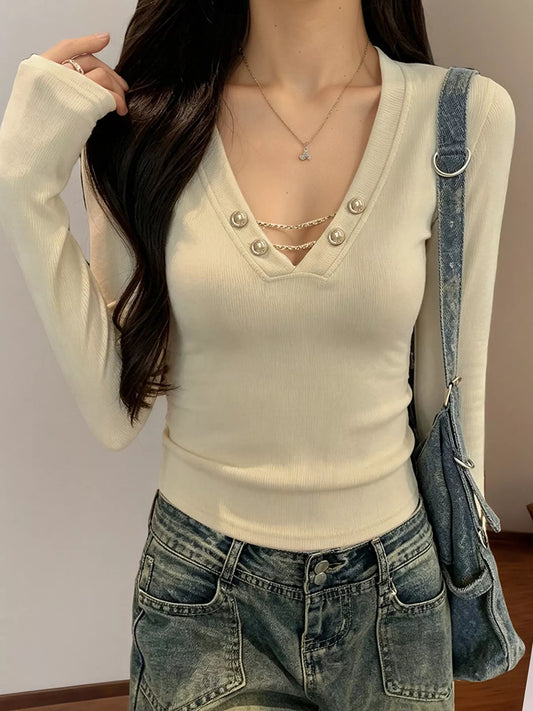 Decorative Pearl Buttons V-Neck Long Sleeve T-Shirt