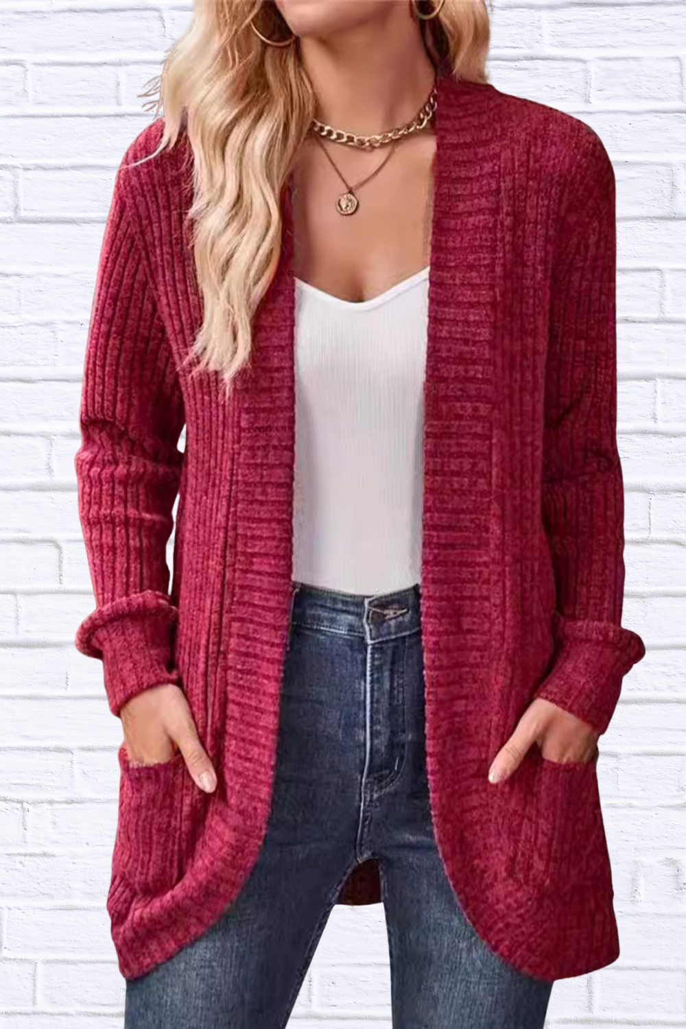 Ribbed Open Front Long Cardigan with Pockets Burgundy S