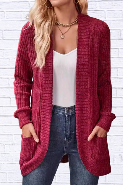 Ribbed Open Front Long Cardigan with Pockets Burgundy S