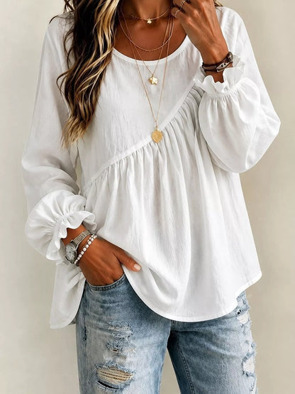 Long Sleeve Blouse with Asymmetric Pleated Detail