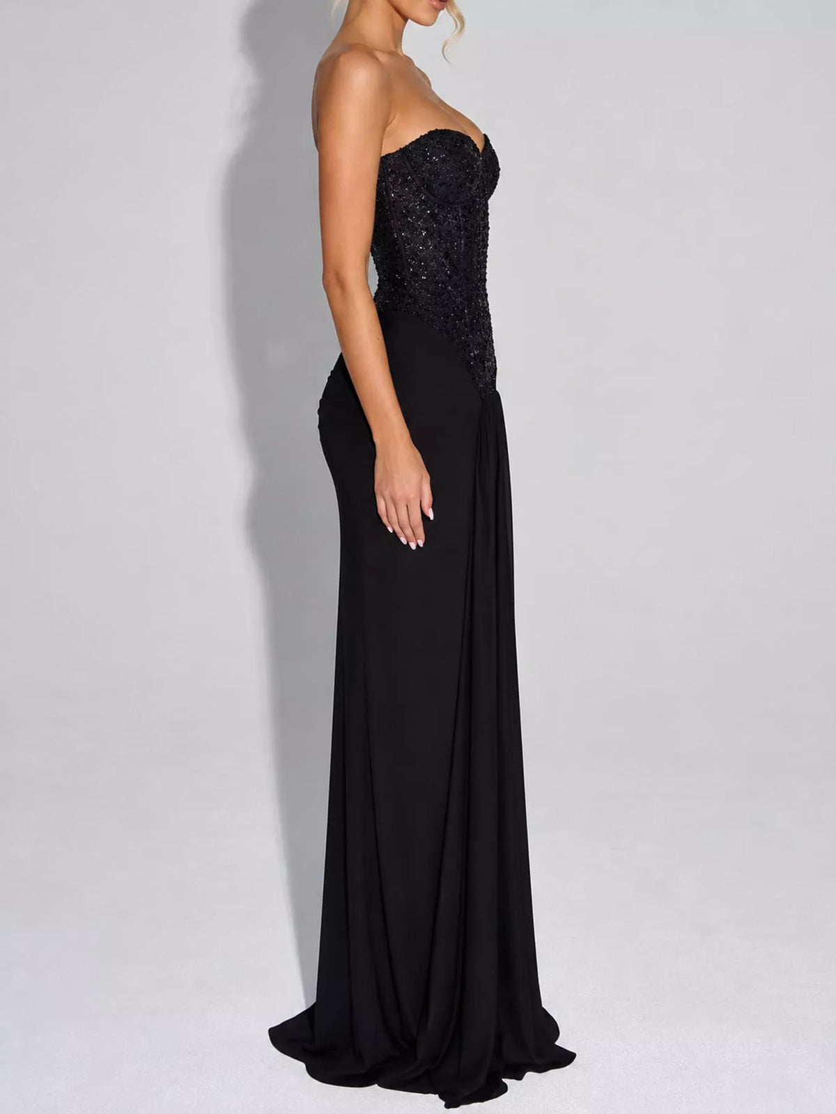 Elegant Strapless Sequin Corset Maxi Dress with Draped Waist Detail