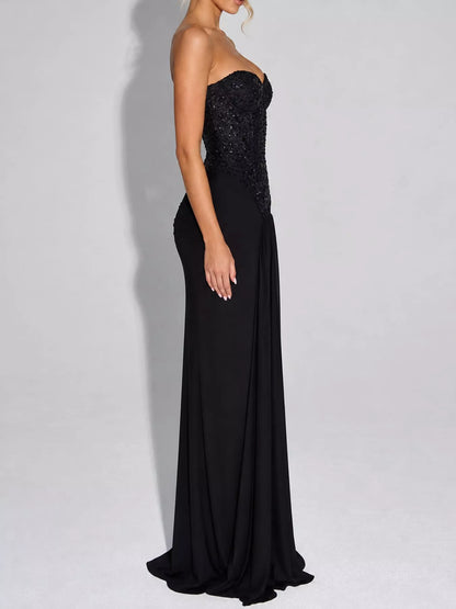 Elegant Strapless Sequin Corset Maxi Dress with Draped Waist Detail