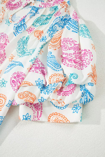 Multicolour Vibrant Paisley Printed Button Keyhole Puff Sleeve Blouse