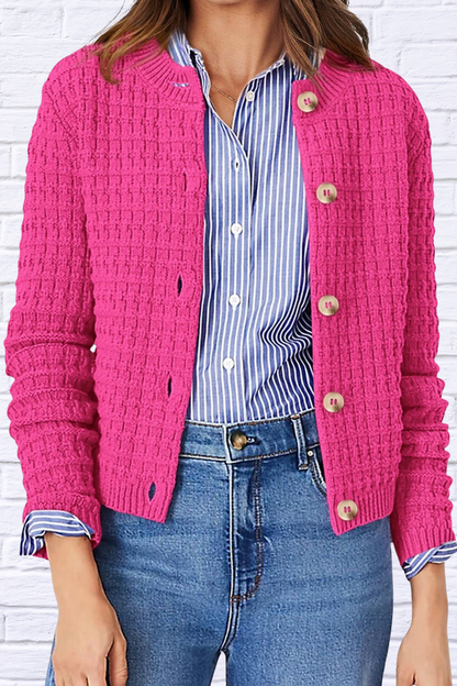 Textured Knit Button-Front Cardigan Rose Red