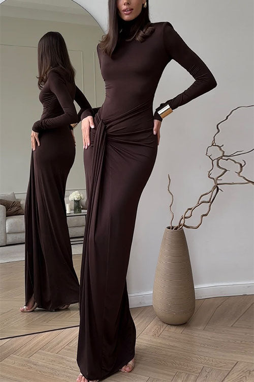 Turtleneck Ruched High Slit Maxi Party Dress