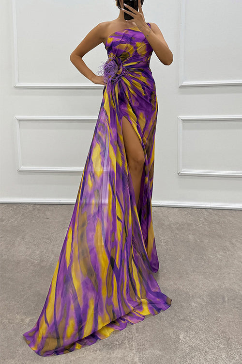 Strapless Rose Detail High Slit Printed Chiffon Maxi Dress