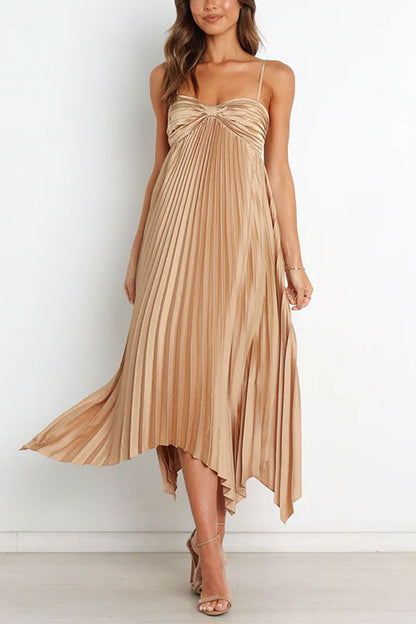 Spaghetti Strap Irregular Hem Pleated Swing Midi Dress Gold
