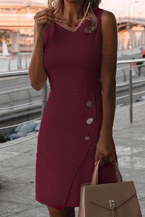 Crewneck Buttons Sleeveless Office Dress Burgundy