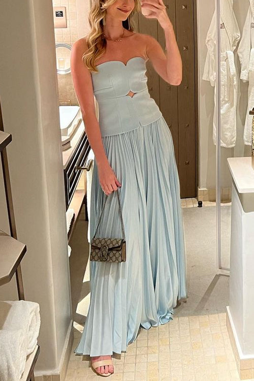 Strapless Tube Cut Out Pleated Maxi Swing Dress