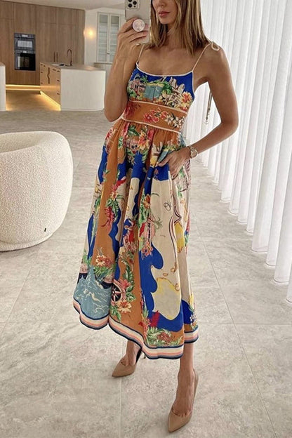 Tie Shoulder Pocketed Unique Print Midi Vacation Cami Dress Print