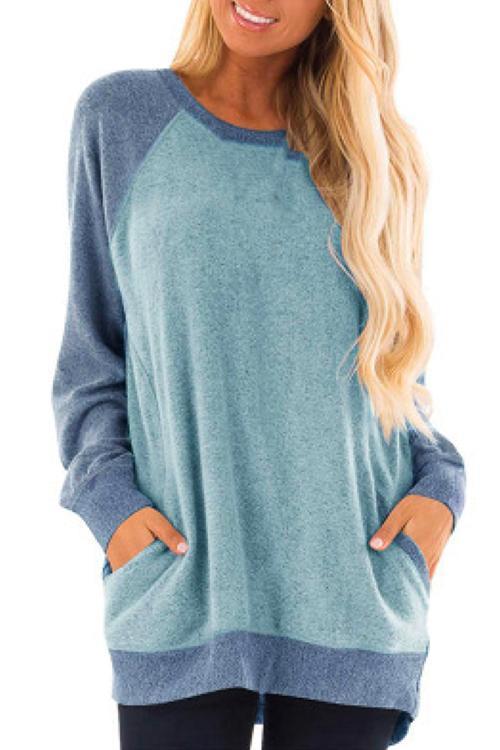 Color Block Splice Pockets Pullovers Blue