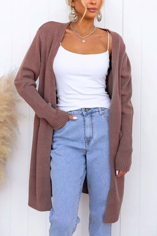 Open Front Pockets Solid Knitting Midi Cardigan Coffee OneSize