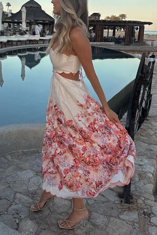 Back Lace-up Cut Out Floral Print A-line Maxi Cami Dress